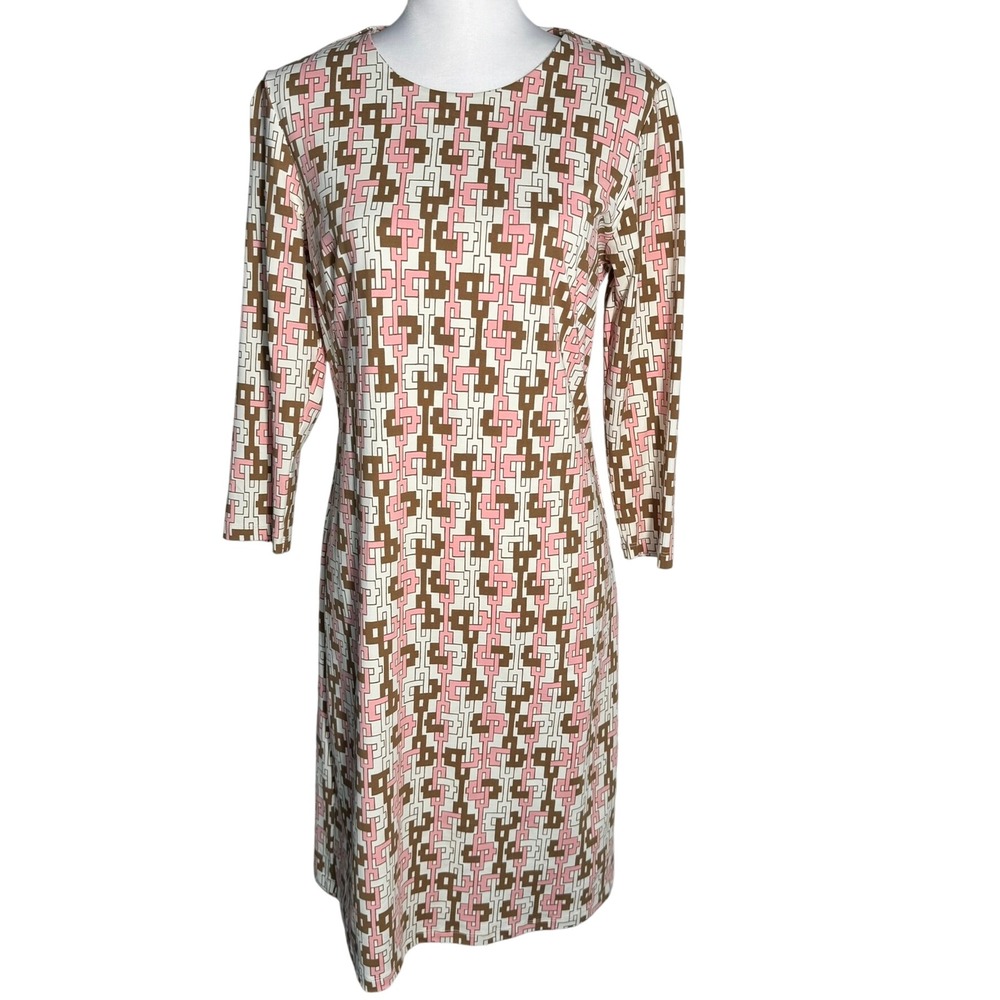 J. MCLAUGHLIN Women's Medium Brown Pink Geometric Printâ 3/4 Sleeve Sheath Dress